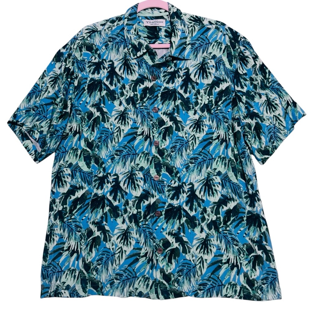 CARIBBEAN Tropical Print Short Sleeve Button Down Shirt L